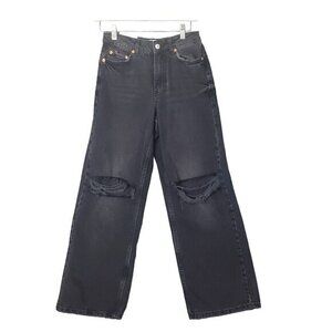 NEW LOOK Women Jeans Size 2P Sinead Baggy Ripped Knee High Rise Black Distressed